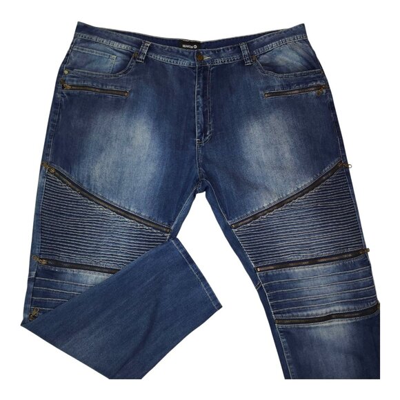 Makobi Mens Denim Jeans 48 X 33 Blue With Zipper Details Pin Tucks